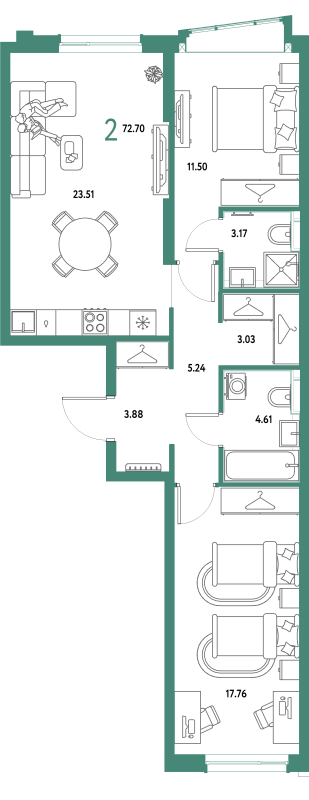 3 ккв (Евро) 72,7 м²