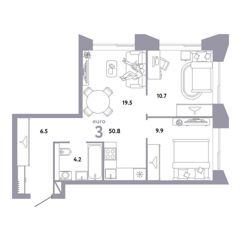 3 ккв (Евро) 50,8 м²