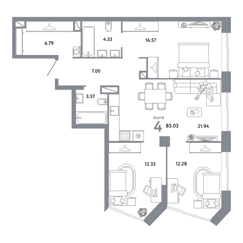 4 ккв (Евро) 85 м²