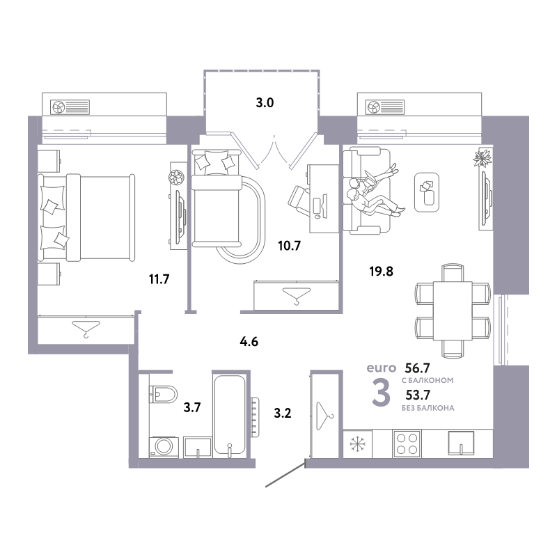 3 ккв (Евро) 56,7 м²