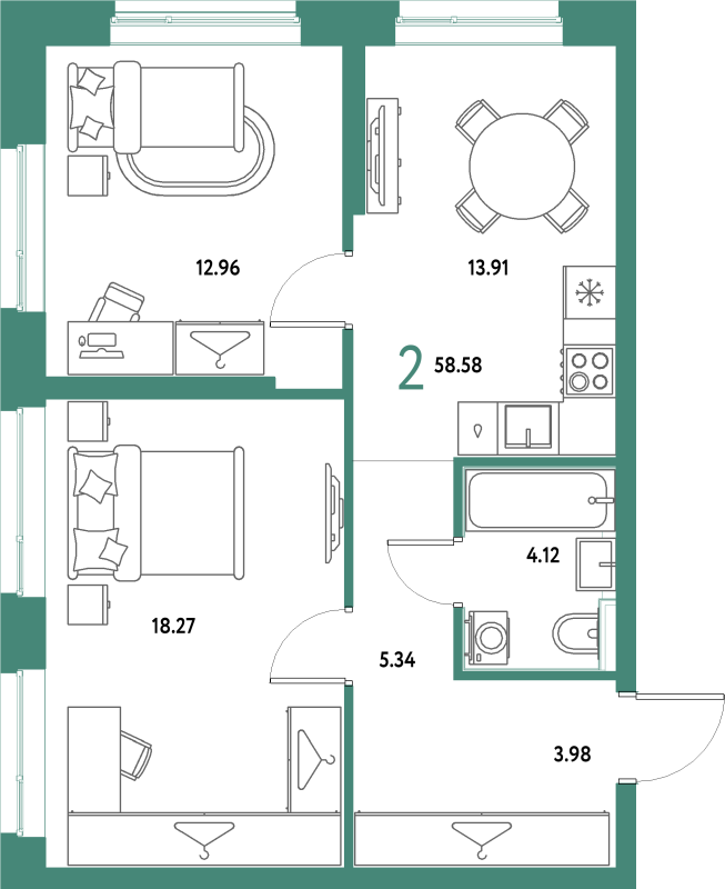 2 ккв 58,6 м²