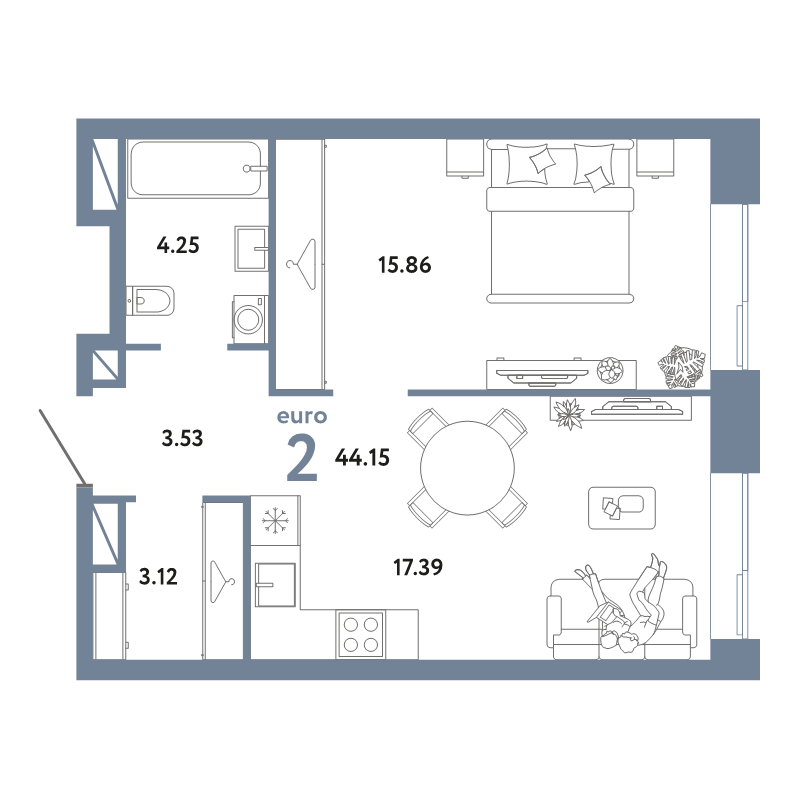 2 ккв (Евро) 44,2 м²