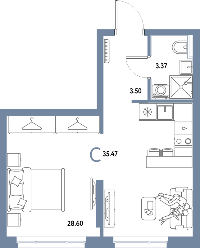 Студия 35,5 м²