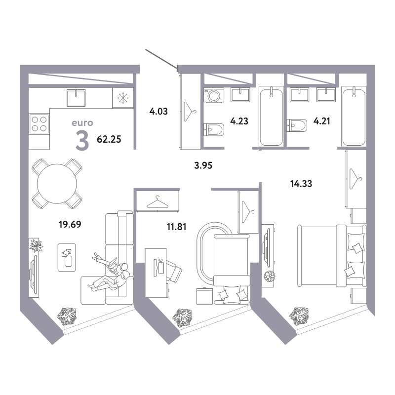 3 ккв (Евро) 62,3 м²