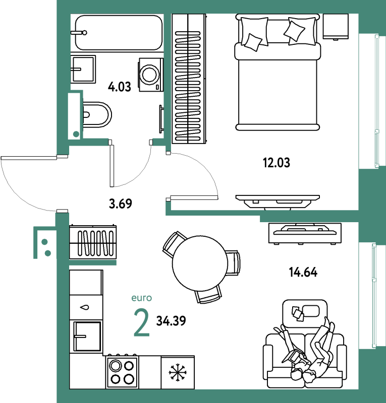 1 ккв 34,4 м²