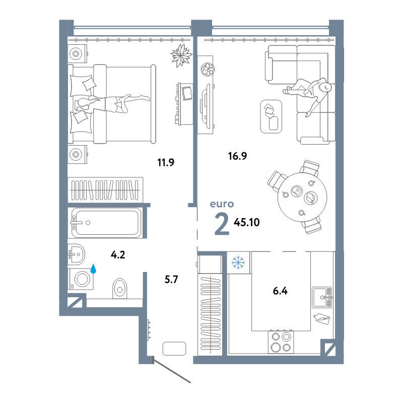 2 ккв (Евро) 45,1 м²