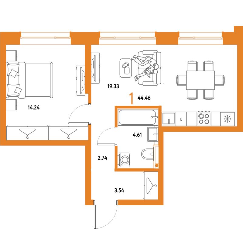 2 ккв (Евро) 44,5 м²