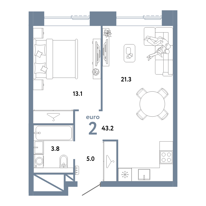 2 ккв (Евро) 43,2 м²