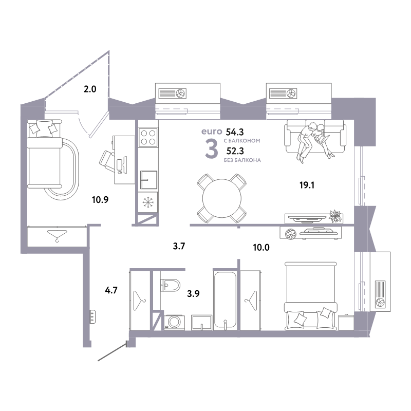 3 ккв (Евро) 54,3 м²