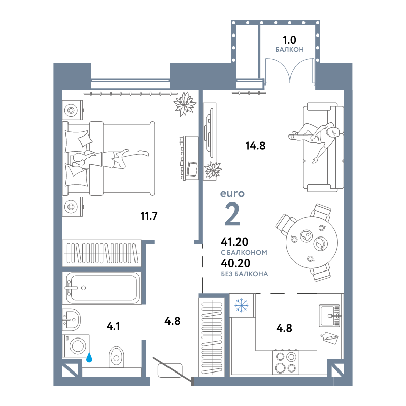 2 ккв (Евро) 41,2 м²