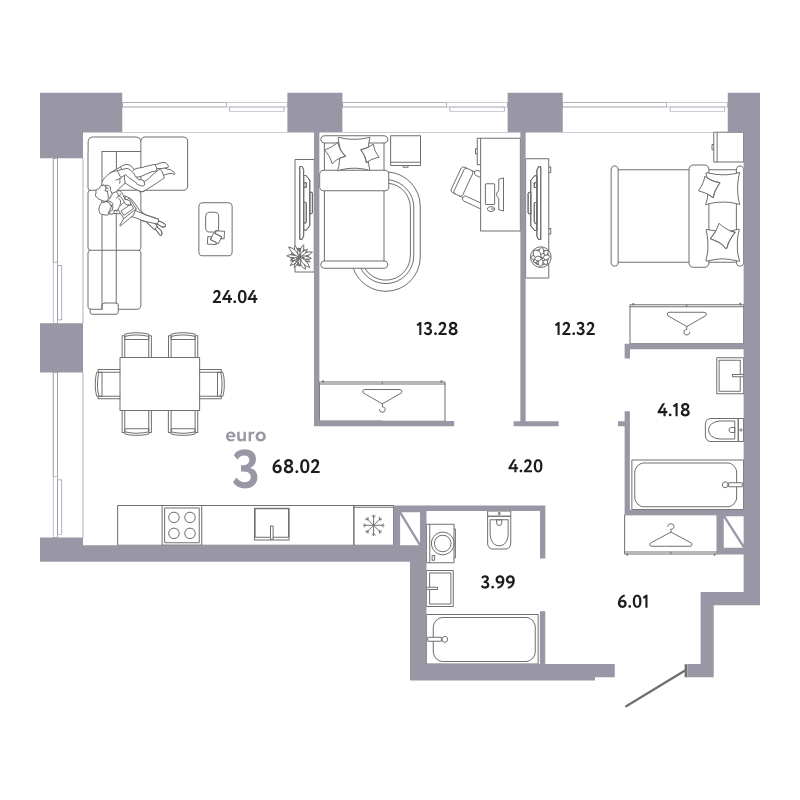 3 ккв (Евро) 68 м²