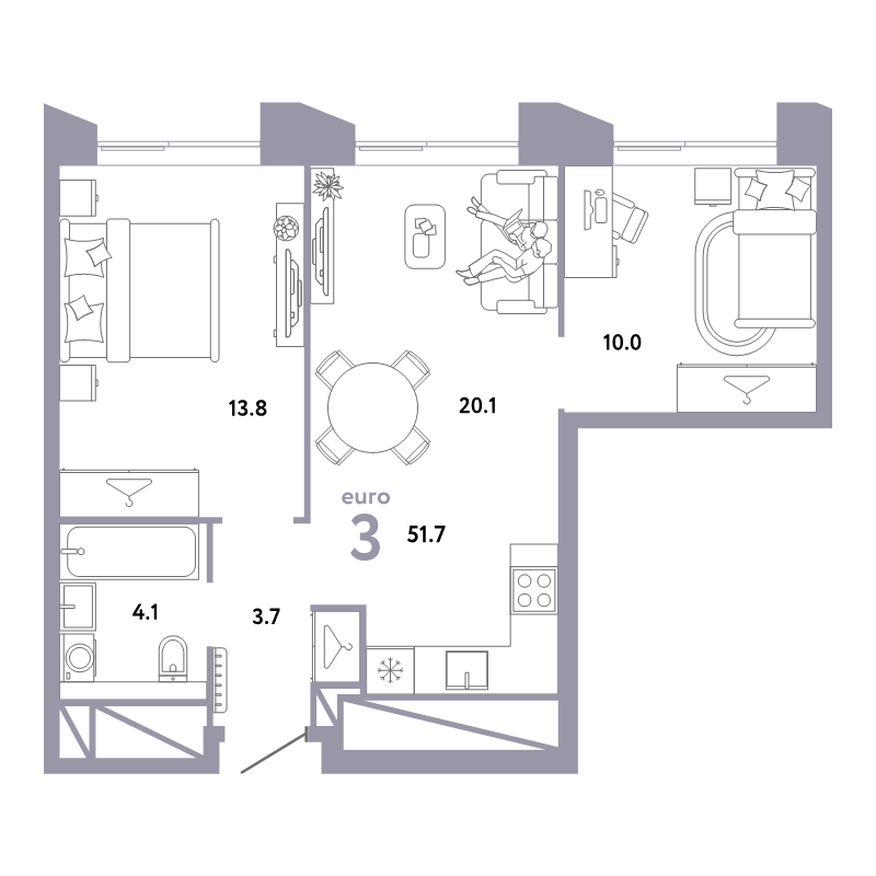 3 ккв (Евро) 51,7 м²