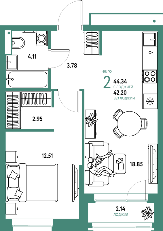 2 ккв (Евро) 44,3 м²