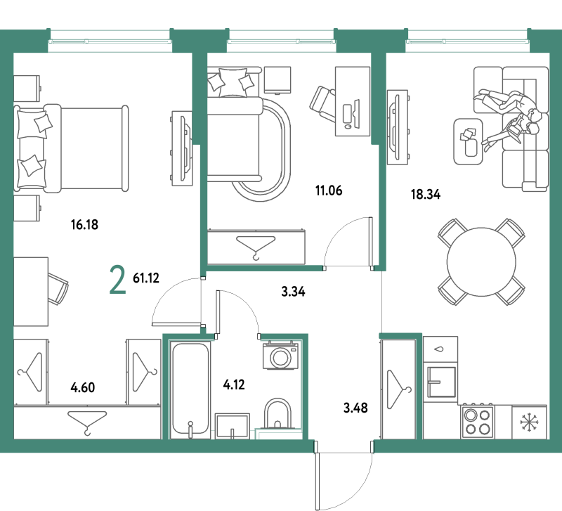 3 ккв (Евро) 61,1 м²