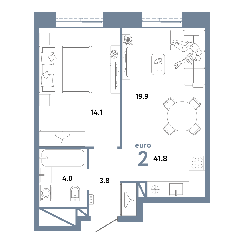 2 ккв (Евро) 41,8 м²