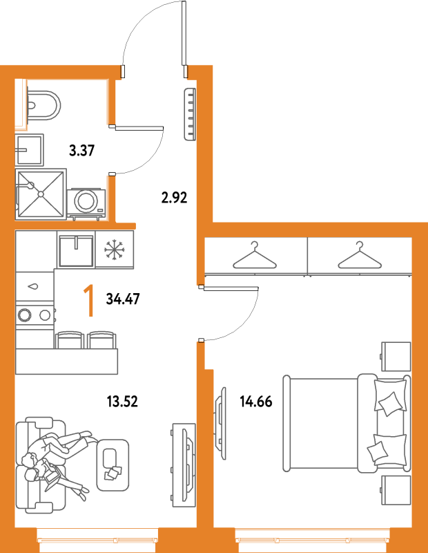 1 ккв 34,5 м²