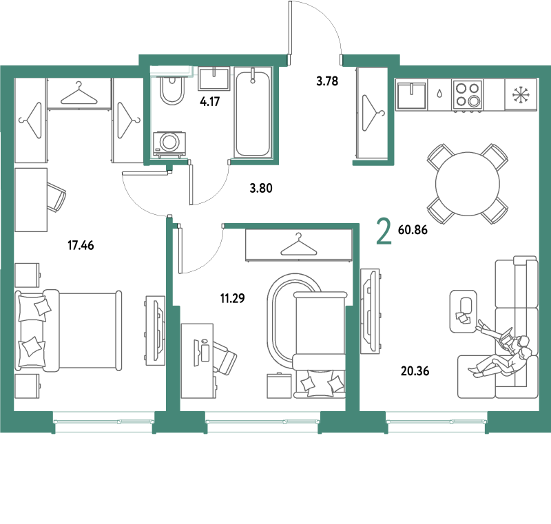 3 ккв (Евро) 60,9 м²