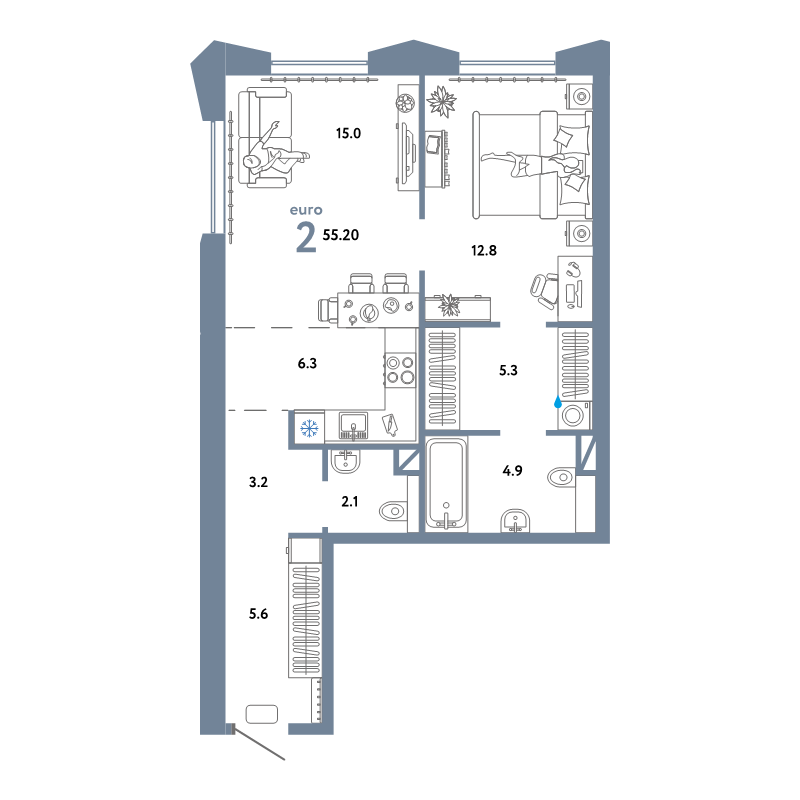 2 ккв (Евро) 55,2 м²