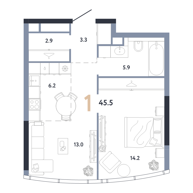 2 ккв (Евро) 45,5 м²