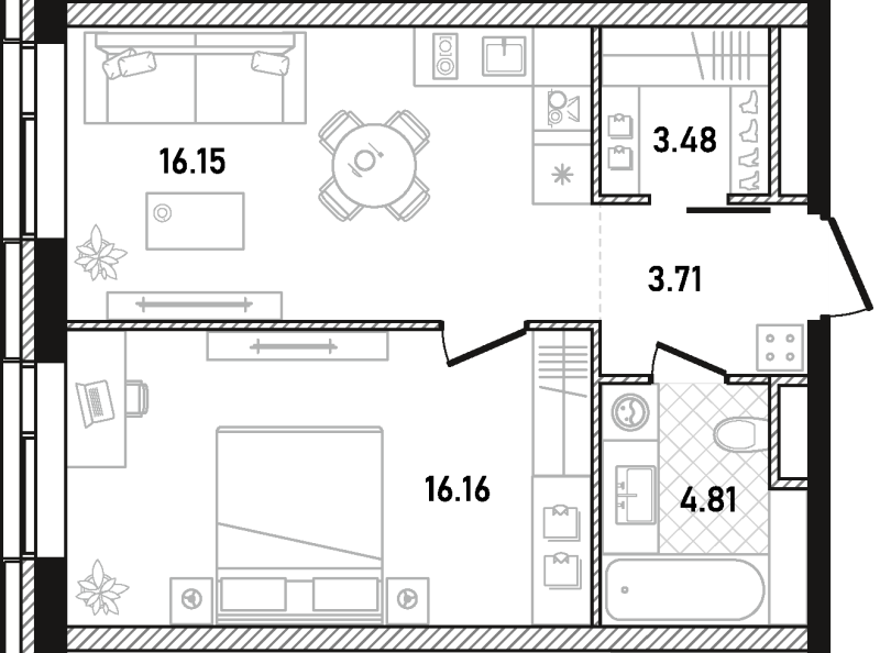 2 ккв (Евро) 44,3 м²