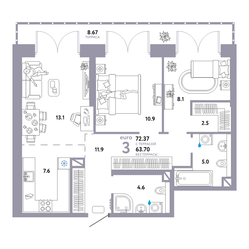 3 ккв (Евро) 72,4 м²