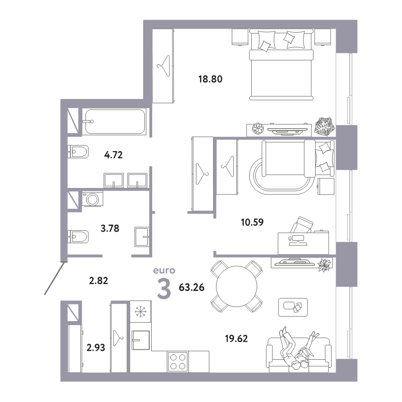 3 ккв (Евро) 63,3 м²