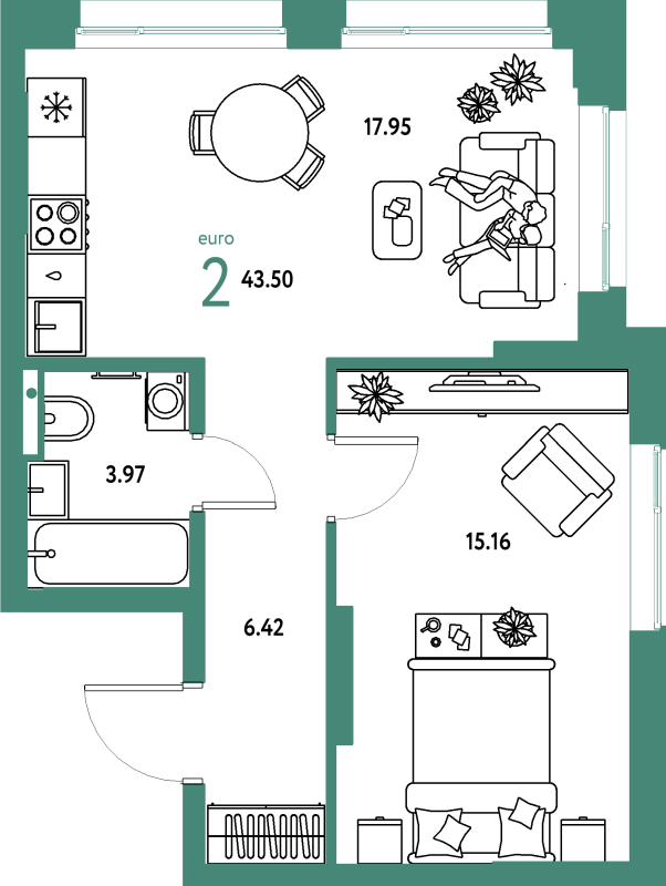 2 ккв (Евро) 43,5 м²