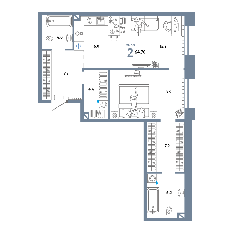 2 ккв (Евро) 65 м²