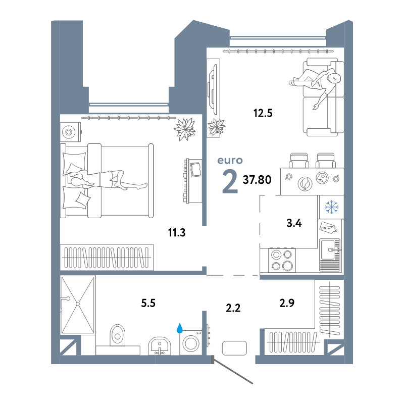 2 ккв (Евро) 37,8 м²