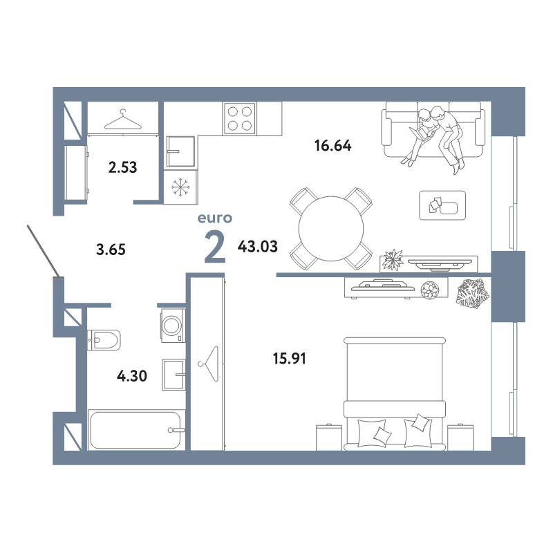 2 ккв (Евро) 43 м²