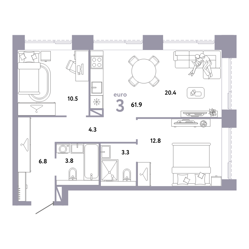 3 ккв (Евро) 61,9 м²