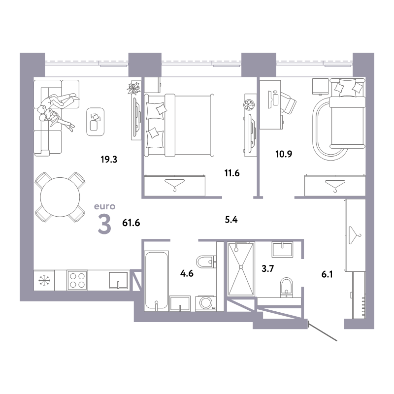 3 ккв (Евро) 61,6 м²