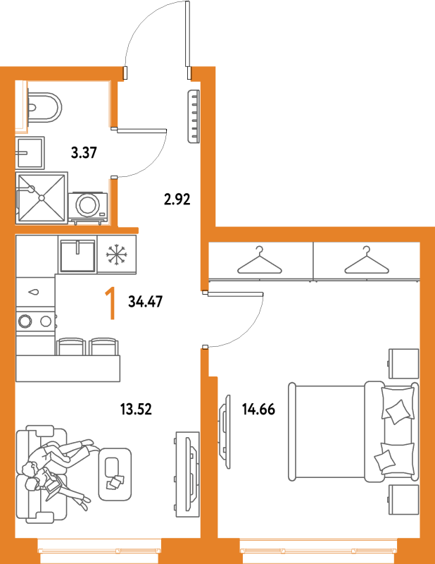 1 ккв 34,5 м²