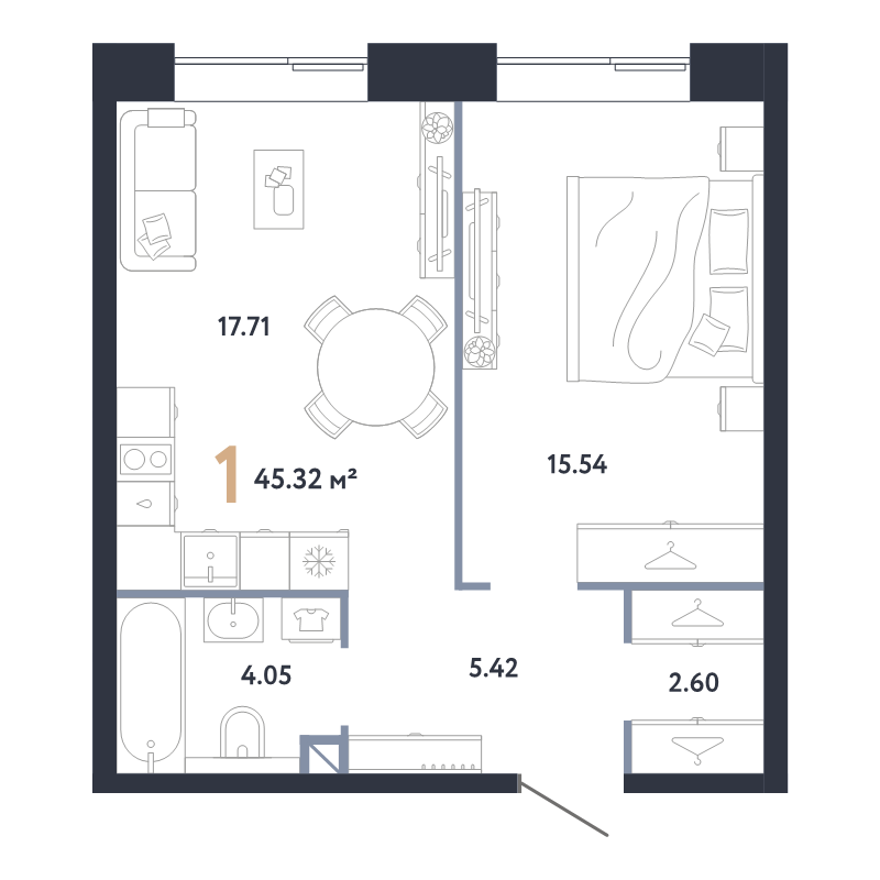 2 ккв (Евро) 45,3 м²