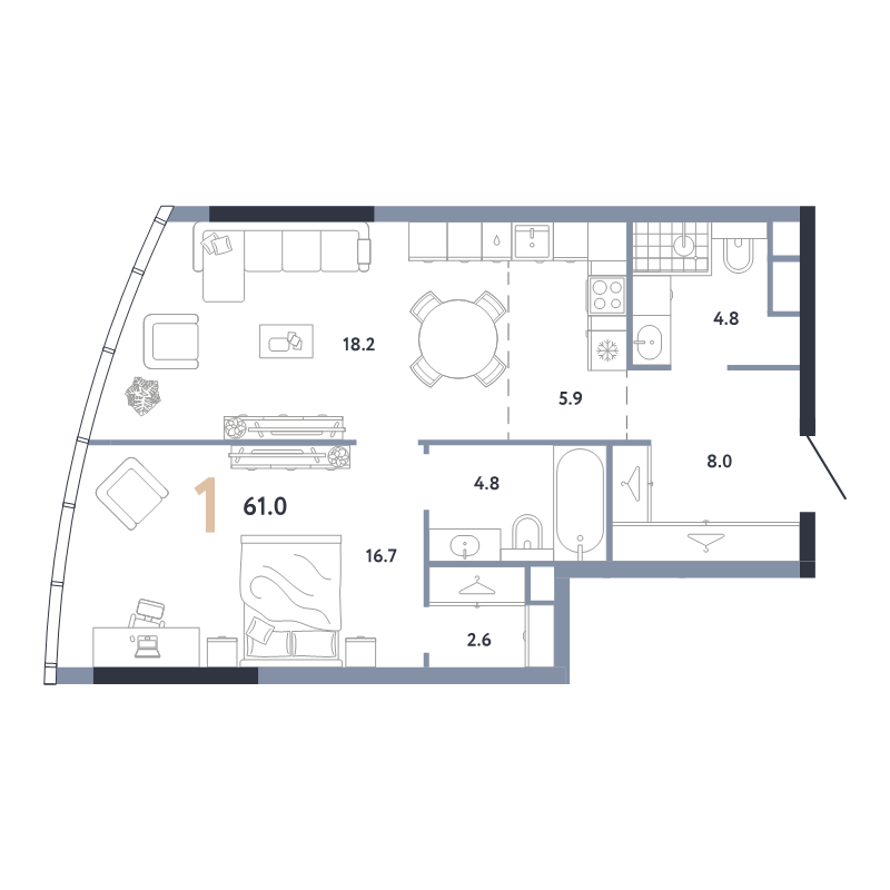 2 ккв (Евро) 61 м²