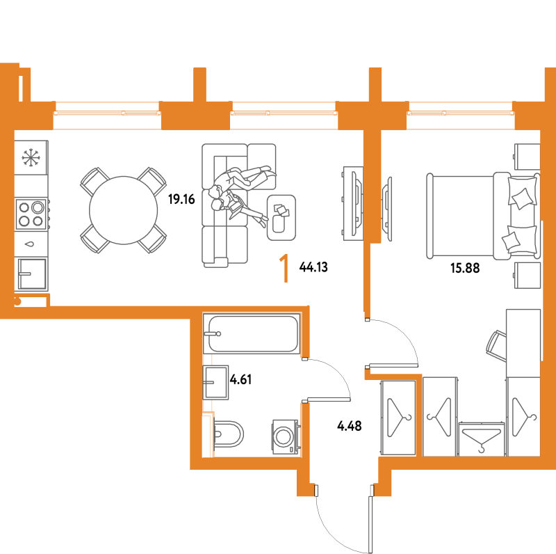 2 ккв (Евро) 44,1 м²