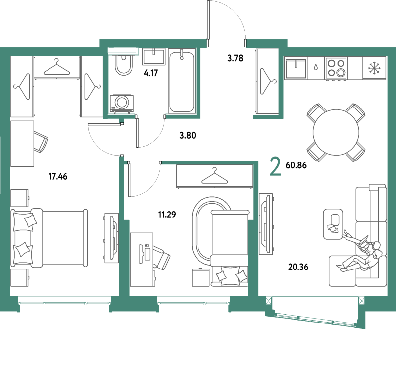 3 ккв (Евро) 60,9 м²