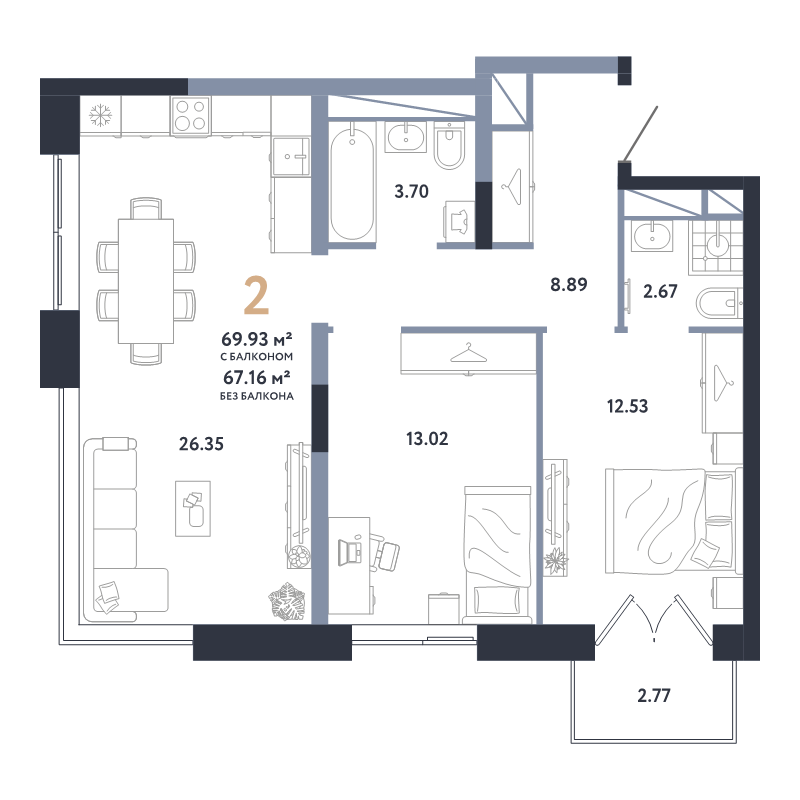 3 ккв (Евро) 69,9 м²