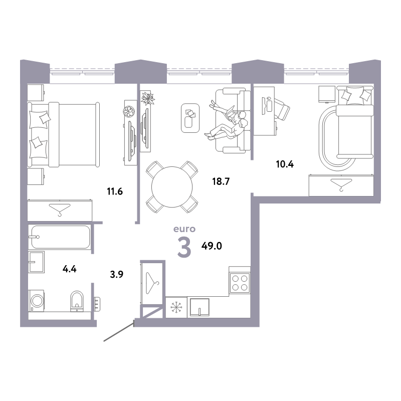 3 ккв (Евро) 49 м²