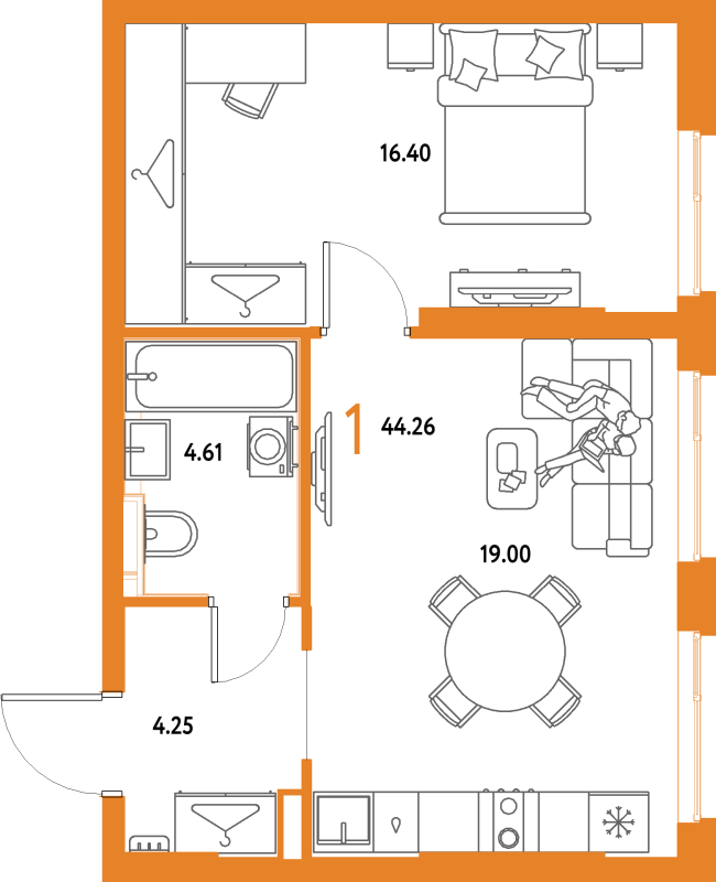 2 ккв (Евро) 44,3 м²