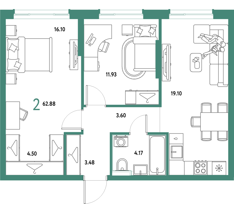 3 ккв (Евро) 62,9 м²