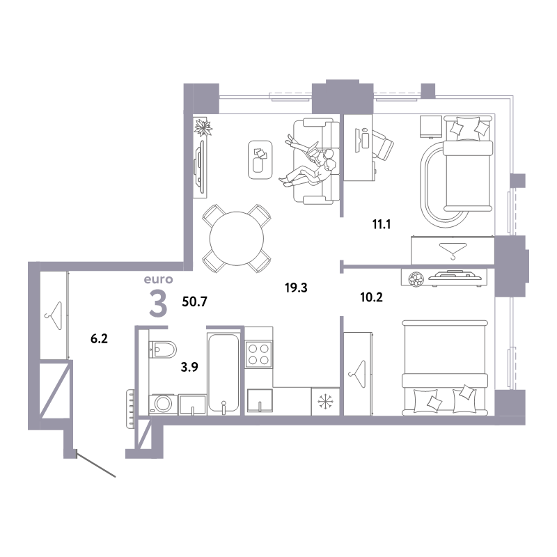 3 ккв (Евро) 50,7 м²