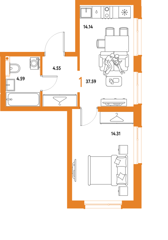 1 ккв 37,6 м²