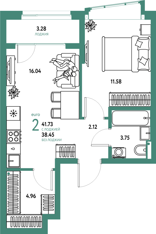 2 ккв (Евро) 41,7 м²