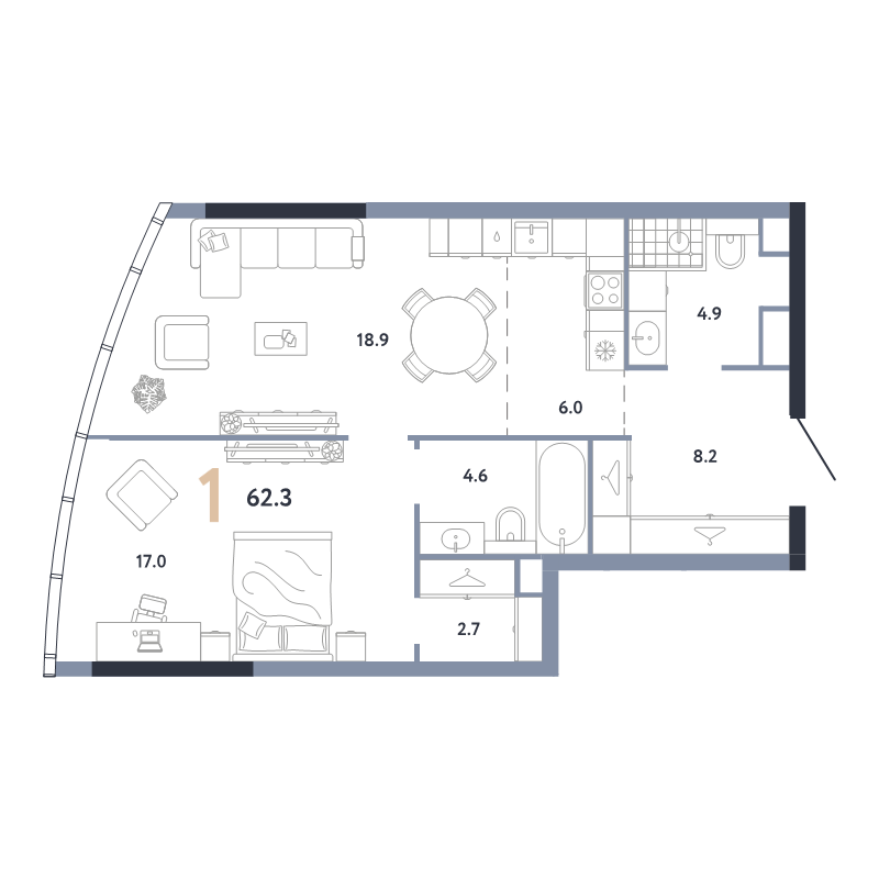 2 ккв (Евро) 62,3 м²