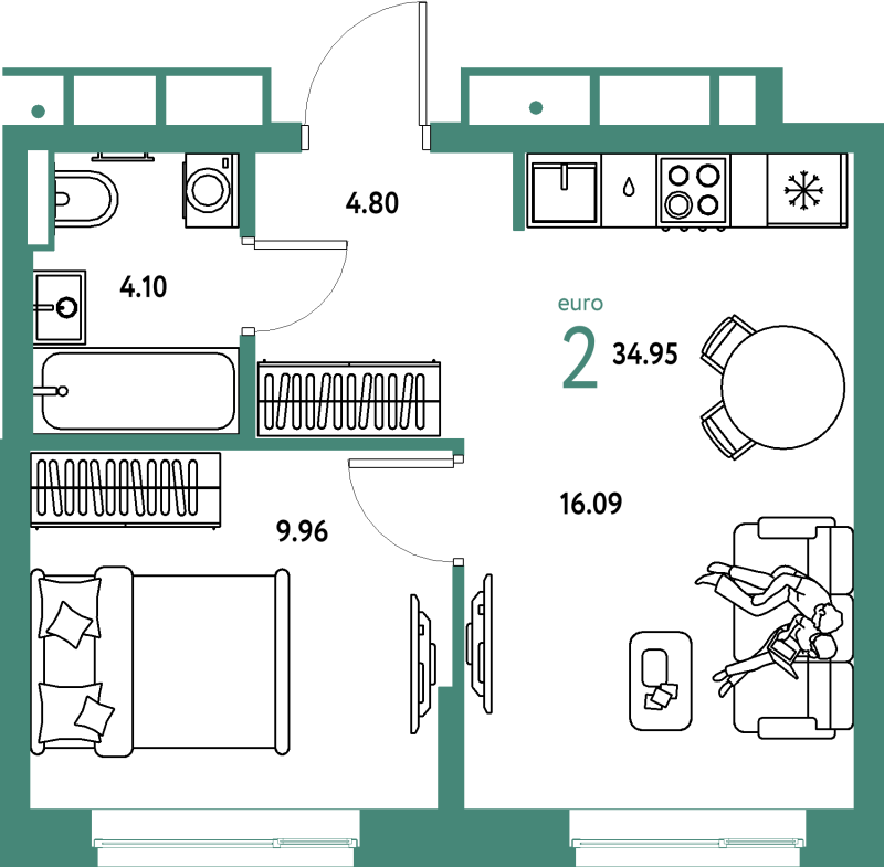 2 ккв (Евро) 35 м²
