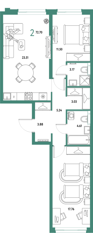 3 ккв (Евро) 72,7 м²