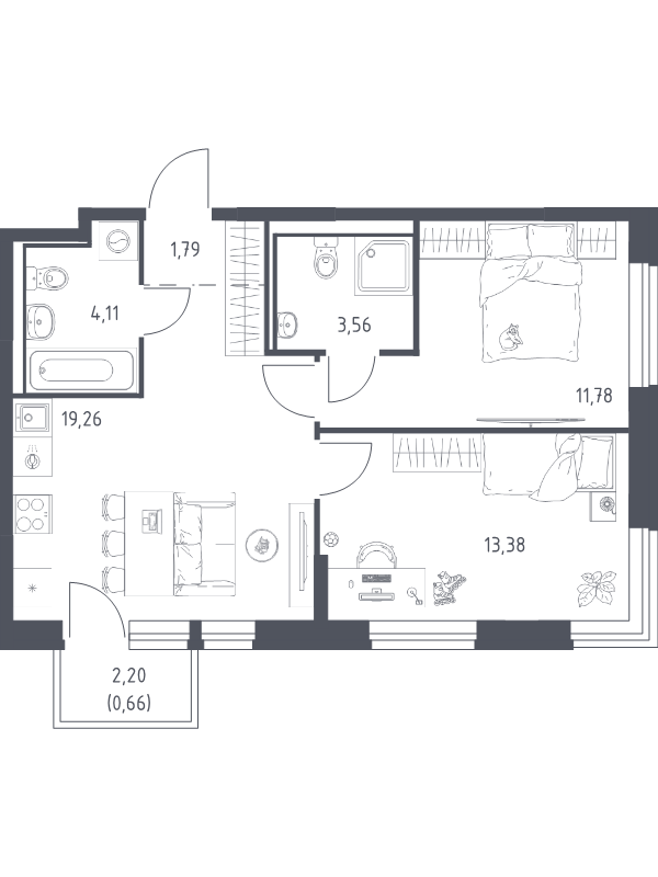 3 ккв (Евро) 54,5 м²
