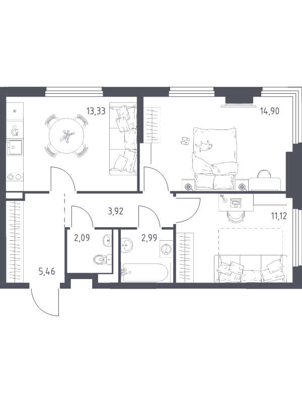 2 ккв 53,8 м²