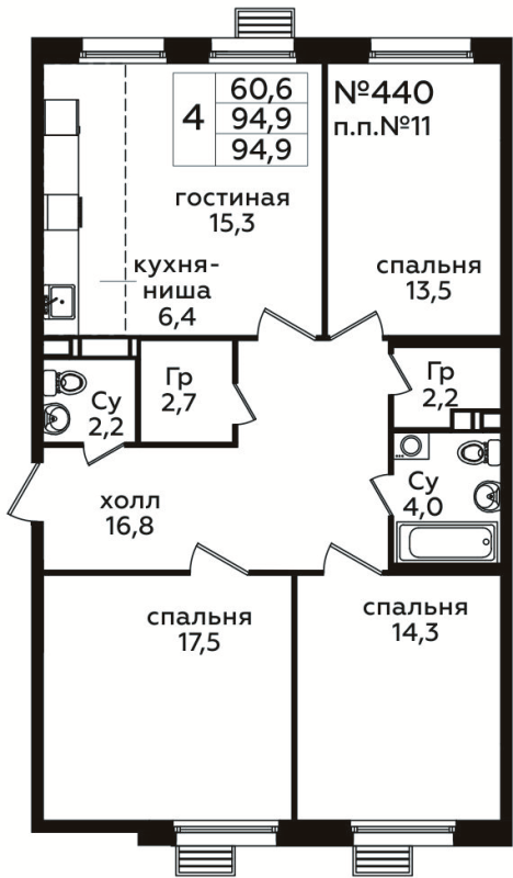 4 ккв (Евро) 94,9 м²